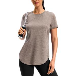 imageWomens Workout Shirts BumCovering Length Lightweight Short Sleeve Dry Fit Athletic Hiking Running Summer Tops for WomenBrown