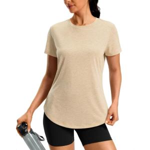 imageWomens Workout Shirts BumCovering Length Lightweight Short Sleeve Dry Fit Athletic Hiking Running Summer Tops for WomenOatmeal Khaki