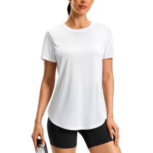 imageWomens Workout Shirts BumCovering Length Lightweight Short Sleeve Dry Fit Athletic Hiking Running Summer Tops for WomenPure White