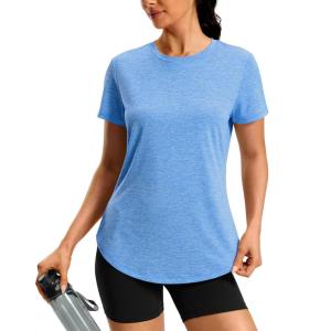 imageWomens Workout Shirts BumCovering Length Lightweight Short Sleeve Dry Fit Athletic Hiking Running Summer Tops for WomenSky Blue