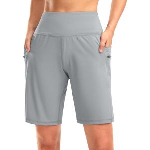 imageG Gradual Womens High Waisted 9 Bermuda Shorts with Zipper Pockets Athletic Workout Long Shorts for Women Knee LengthBright Grey
