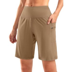 imageG Gradual Womens High Waisted 9 Bermuda Shorts with Zipper Pockets Athletic Workout Long Shorts for Women Knee LengthBronze Green