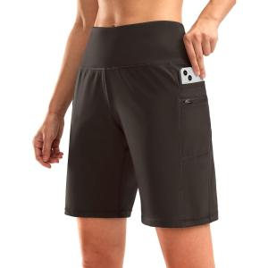 imageG Gradual Womens High Waisted 9 Bermuda Shorts with Zipper Pockets Athletic Workout Long Shorts for Women Knee LengthBrown