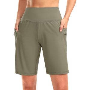 imageG Gradual Womens High Waisted 9 Bermuda Shorts with Zipper Pockets Athletic Workout Long Shorts for Women Knee LengthDark Khaki