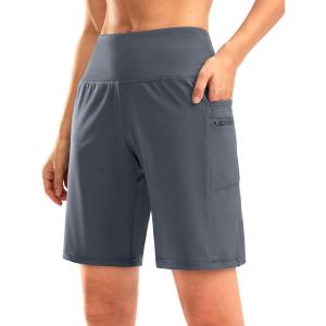 imageG Gradual Womens High Waisted 9 Bermuda Shorts with Zipper Pockets Athletic Workout Long Shorts for Women Knee LengthDusty Blue