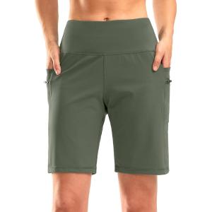 imageG Gradual Womens High Waisted 9 Bermuda Shorts with Zipper Pockets Athletic Workout Long Shorts for Women Knee LengthGrey Sage