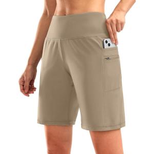 imageG Gradual Womens High Waisted 9 Bermuda Shorts with Zipper Pockets Athletic Workout Long Shorts for Women Knee LengthKhaki