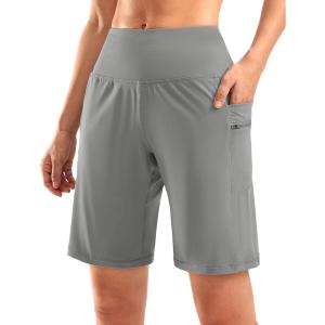 imageG Gradual Womens High Waisted 9 Bermuda Shorts with Zipper Pockets Athletic Workout Long Shorts for Women Knee LengthLight Grey