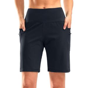 imageG Gradual Womens High Waisted 9 Bermuda Shorts with Zipper Pockets Athletic Workout Long Shorts for Women Knee LengthNavy