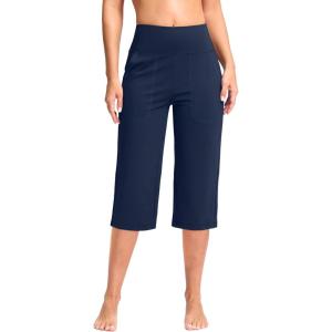 imageG Gradual Womens Capri Pants with Pockets High Waist Yoga Pants Wide Leg Workout Summer Pants for Casual Travel ExerciseNavy Blue