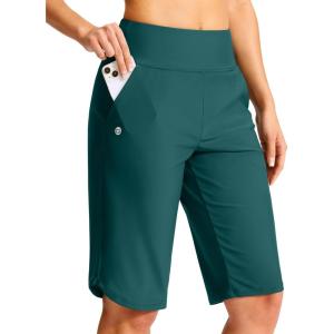 imageG Gradual Womens 13 Long Swim Board Shorts with Pockets High Waisted Quick Dry Beach Swimming Shorts for Women with LinerBlue Green