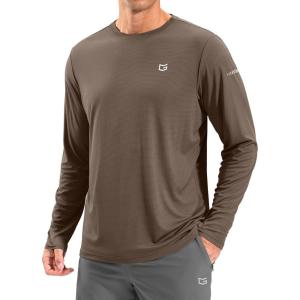 imageMens Sun Protection Long Sleeve Grid Shirts UPF 50 Rash Guard Swim Lightweight Cooling UV ShirtBrown