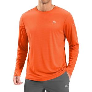 imageMens Sun Protection Long Sleeve Grid Shirts UPF 50 Rash Guard Swim Lightweight Cooling UV ShirtFluorescent Orange