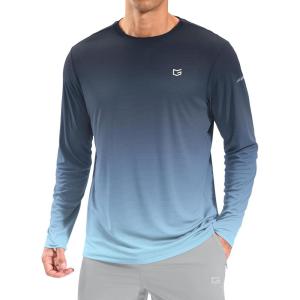 imageMens Sun Protection Long Sleeve Grid Shirts UPF 50 Rash Guard Swim Lightweight Cooling UV ShirtGradient Navy Cyan
