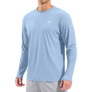imageMens Sun Protection Long Sleeve Grid Shirts UPF 50 Rash Guard Swim Lightweight Cooling UV ShirtLight Blue