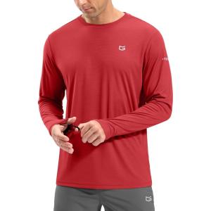 imageMens Sun Protection Long Sleeve Grid Shirts UPF 50 Rash Guard Swim Lightweight Cooling UV ShirtRed