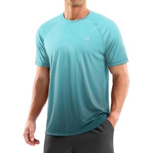 imageMens Swim Shirts Rash Guard UPF 50 Sun Protection Short Sleeve TShirts Workout Dry Fit Tee for Pool Beach TripGradient Green Grey