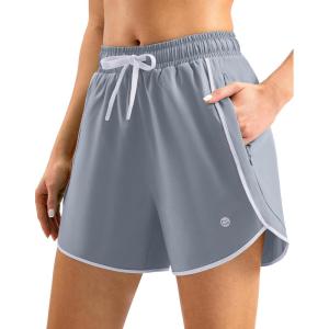 imageG Gradual Womens 5 Swim Shorts Zipper Pockets Quick Dry Board Shorts Bathing Suit Bottom with Liner Running Athletic ShortsLight Grey