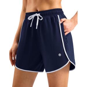 imageG Gradual Womens 5 Swim Shorts Zipper Pockets Quick Dry Board Shorts Bathing Suit Bottom with Liner Running Athletic ShortsNavy