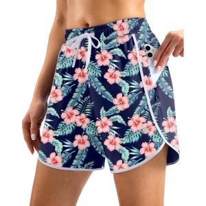 imageG Gradual Womens 5 Swim Shorts Zipper Pockets Quick Dry Board Shorts Bathing Suit Bottom with Liner Running Athletic ShortsNavy Flower