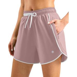 imageG Gradual Womens 5 Swim Shorts Zipper Pockets Quick Dry Board Shorts Bathing Suit Bottom with Liner Running Athletic ShortsPink