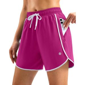 imageG Gradual Womens 5 Swim Shorts Zipper Pockets Quick Dry Board Shorts Bathing Suit Bottom with Liner Running Athletic ShortsRose