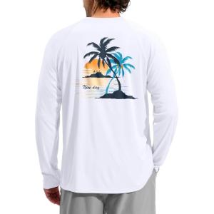 imageMens Sun Protection Shirts UPF 50 Rash Guard for Men Swim Long Sleeve Hiking Fishing Athletic Workout ShirtWhite Coconut Tree