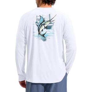 imageMens Sun Protection Shirts UPF 50 Rash Guard for Men Swim Long Sleeve Hiking Fishing Athletic Workout ShirtWhite Marlin