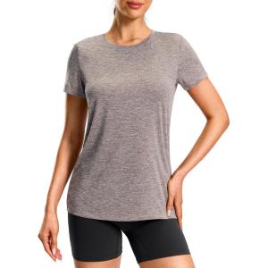 imageWorkout Shirts for Women Lightweight HipLength Long Tshirts Dry Fit Short Sleeve Athletic Tops Gym Running Summer CasualHeather Taupe