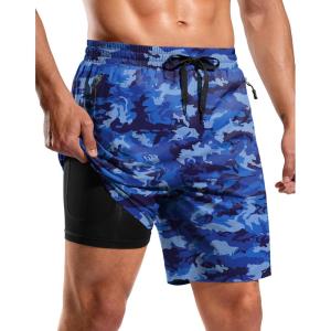 imageG Gradual Mens Swim Trunks with Compression Liner 79 Quick Dry Board Shorts Swimsuit Bathing Suit for Men Zipper PocketsBlue Camo