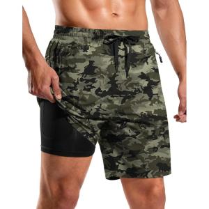 imageG Gradual Mens Swim Trunks with Compression Liner 79 Quick Dry Board Shorts Swimsuit Bathing Suit for Men Zipper PocketsGreen Camo