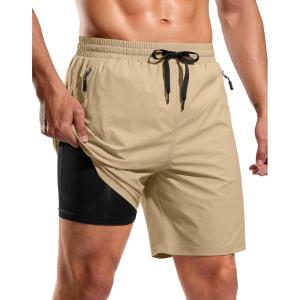 imageG Gradual Mens Swim Trunks with Compression Liner 79 Quick Dry Board Shorts Swimsuit Bathing Suit for Men Zipper PocketsKhaki