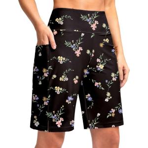 imageG Gradual Womens 9 Long Swim Board Shorts with Pockets High Waisted Knee Length Beach Swimming Shorts for Women with LinerBlack Floral