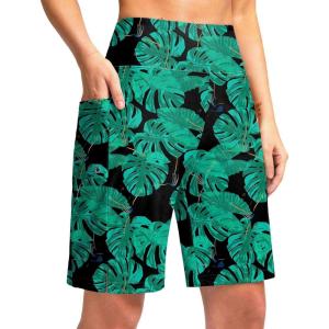imageG Gradual Womens 9 Long Swim Board Shorts with Pockets High Waisted Knee Length Beach Swimming Shorts for Women with LinerLeaf
