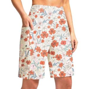 imageG Gradual Womens 9 Long Swim Board Shorts with Pockets High Waisted Knee Length Beach Swimming Shorts for Women with LinerOrange Flower