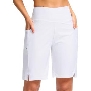 imageG Gradual Womens 9 Long Swim Board Shorts with Pockets High Waisted Knee Length Beach Swimming Shorts for Women with LinerWhite