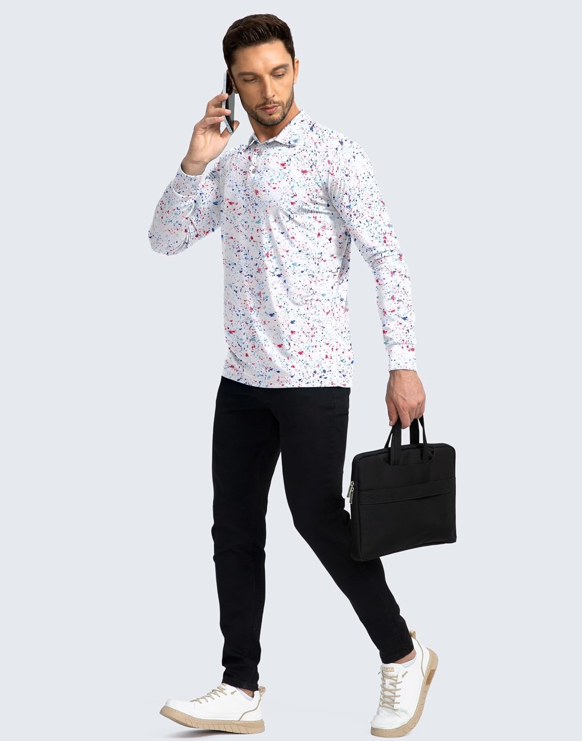 image:imageMens Polo Shirt Long Sleeve Golf Shirts Lightweight UPF 50 Sun Protection Cool Shirts for Men Work Fishing OutdoorWhite Colored Dots