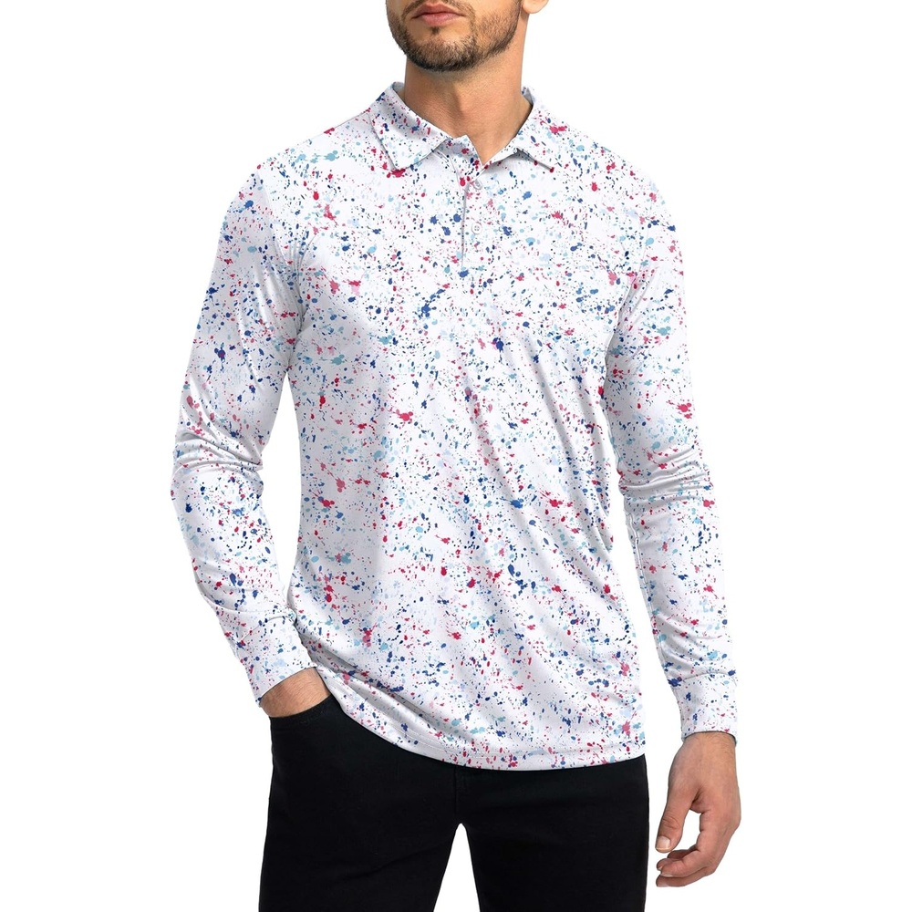 image:imageMens Polo Shirt Long Sleeve Golf Shirts Lightweight UPF 50 Sun Protection Cool Shirts for Men Work Fishing OutdoorWhite Colored Dots